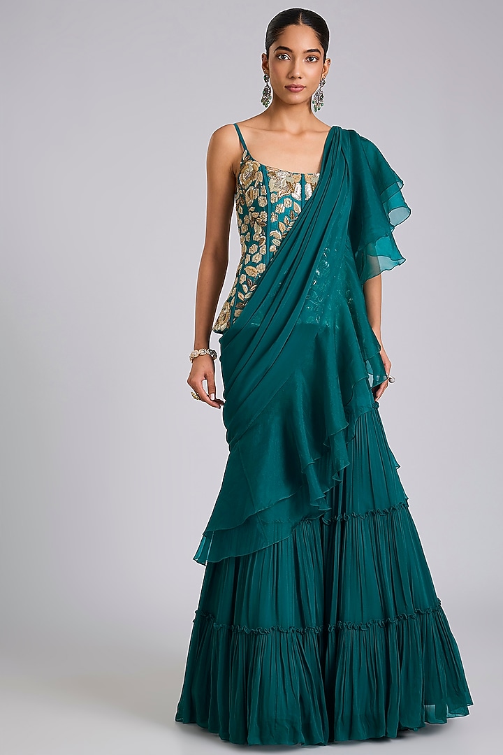 Green Georgette Pant Wedding Saree Set by Dinesh Malkani at Pernia's Pop Up Shop