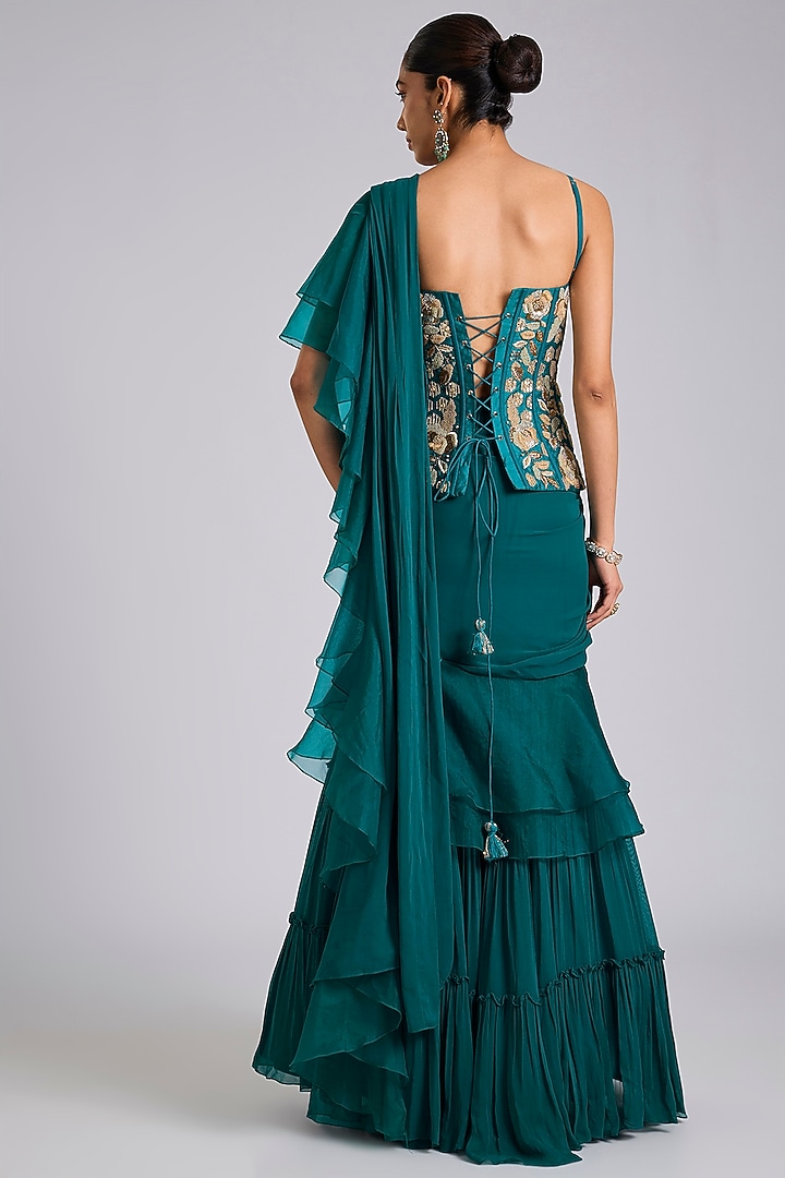 Green Georgette Pant Wedding Saree Set by Dinesh Malkani at Pernia's Pop Up Shop