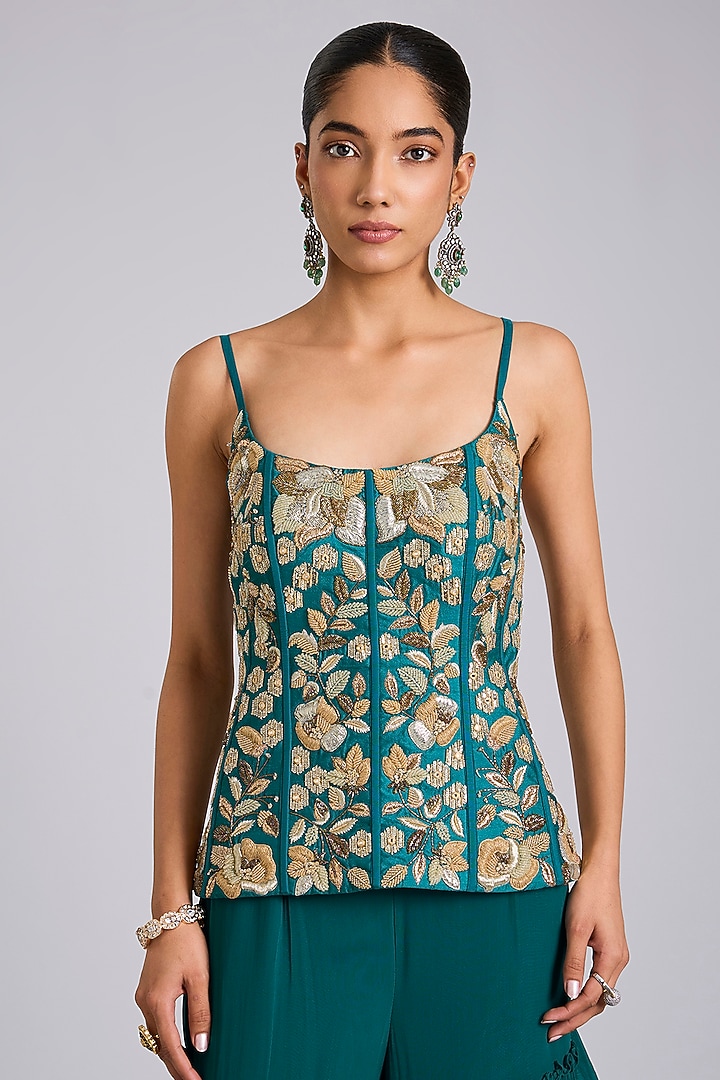 Green Georgette Pant Wedding Saree Set by Dinesh Malkani at Pernia's Pop Up Shop