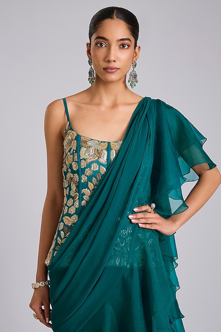 Green Georgette Pant Wedding Saree Set by Dinesh Malkani at Pernia's Pop Up Shop