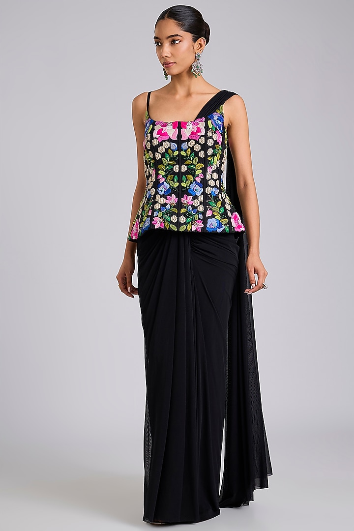 Green Georgette Draped Wedding Saree Set by Dinesh Malkani at Pernia's Pop Up Shop