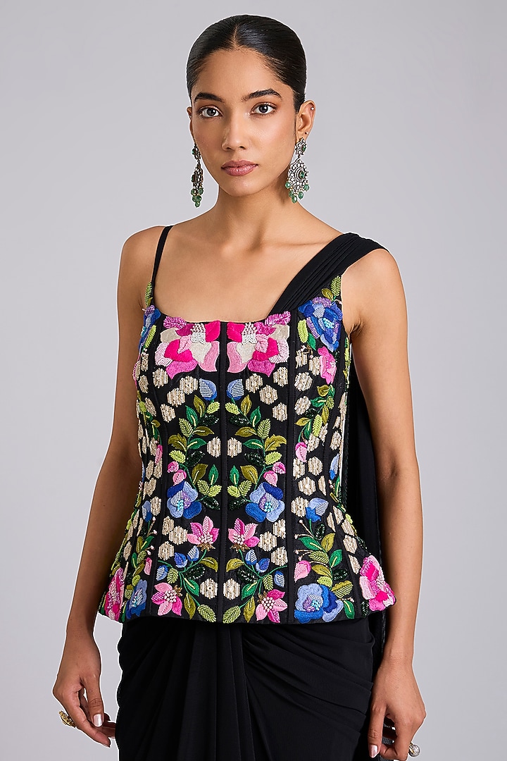 Green Georgette Draped Wedding Saree Set by Dinesh Malkani at Pernia's Pop Up Shop