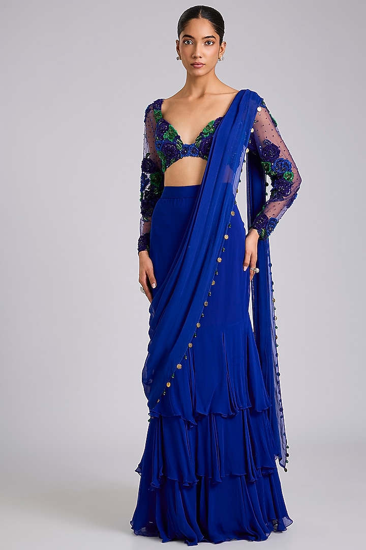 Blue Georgette Draped Wedding Saree Set by Dinesh Malkani at Pernia's Pop Up Shop