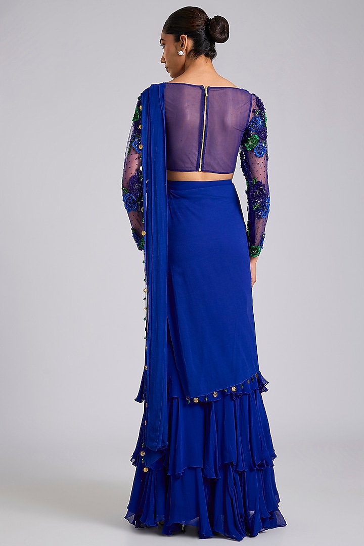 Blue Georgette Draped Wedding Saree Set by Dinesh Malkani at Pernia's Pop Up Shop
