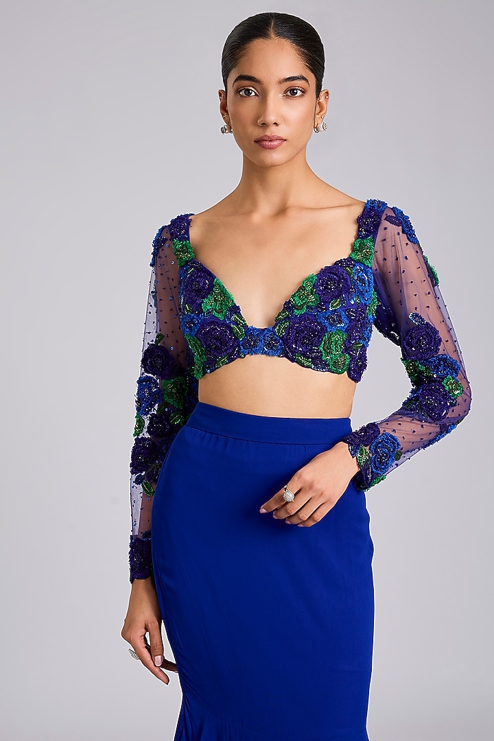 Blue Georgette Draped Wedding Saree Set by Dinesh Malkani at Pernia's Pop Up Shop