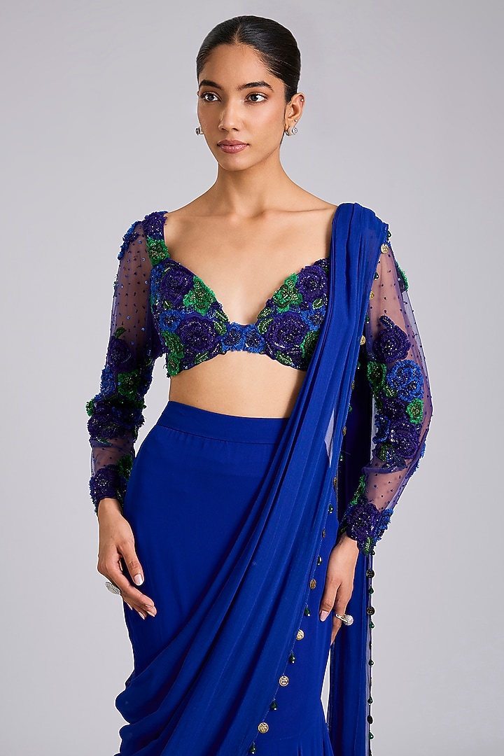 Blue Georgette Draped Wedding Saree Set by Dinesh Malkani at Pernia's Pop Up Shop