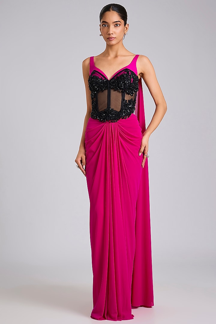 Pink Stretch Net Draped Wedding Saree Set by Dinesh Malkani at Pernia's Pop Up Shop