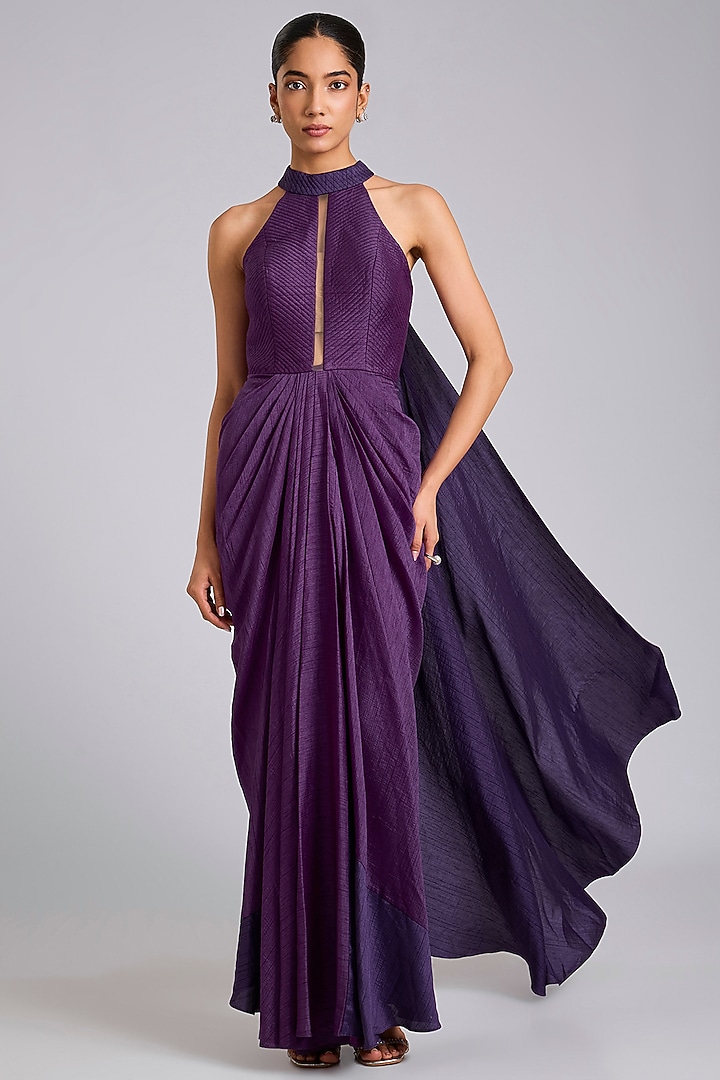 Wine Silk Draped Wedding Saree Set by Dinesh Malkani at Pernia's Pop Up Shop