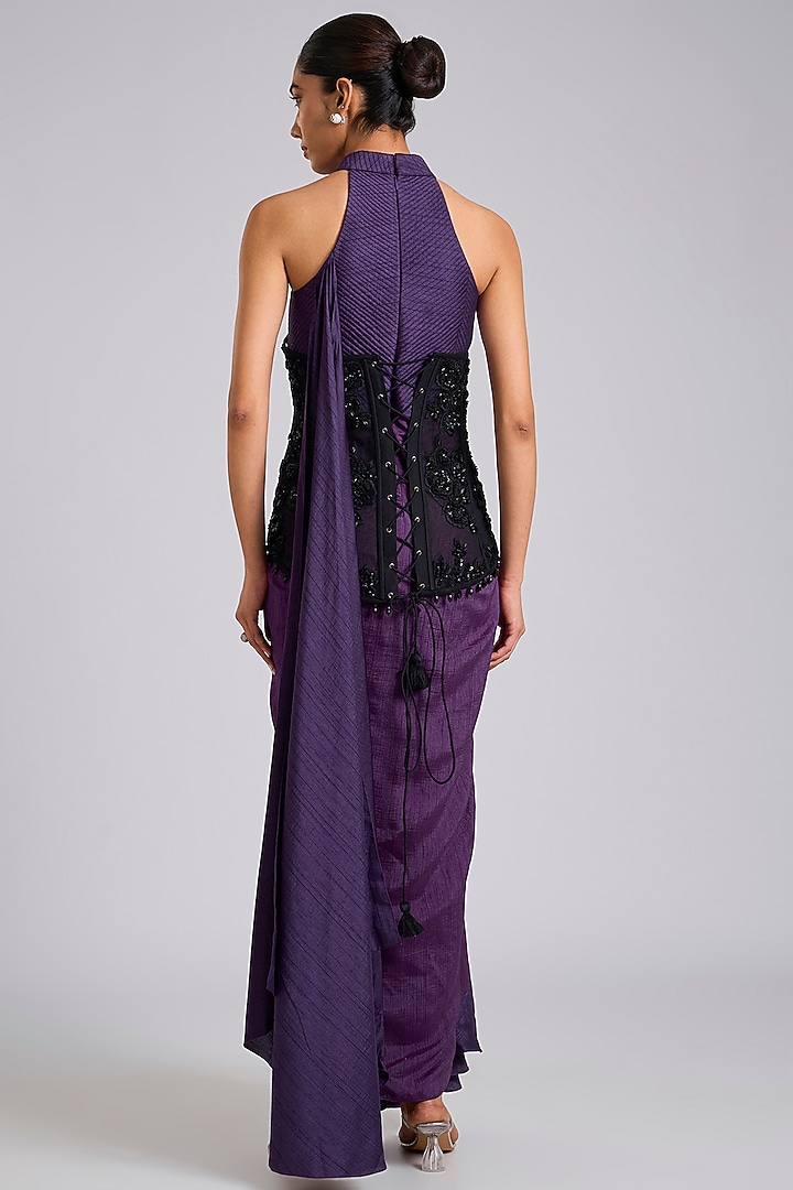 Wine Silk Draped Wedding Saree Set by Dinesh Malkani at Pernia's Pop Up Shop