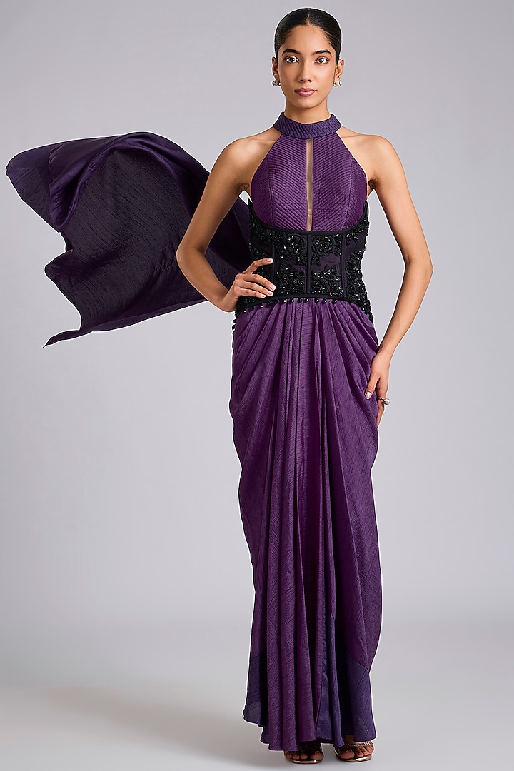 Wine Silk Draped Wedding Saree Set by Dinesh Malkani at Pernia's Pop Up Shop