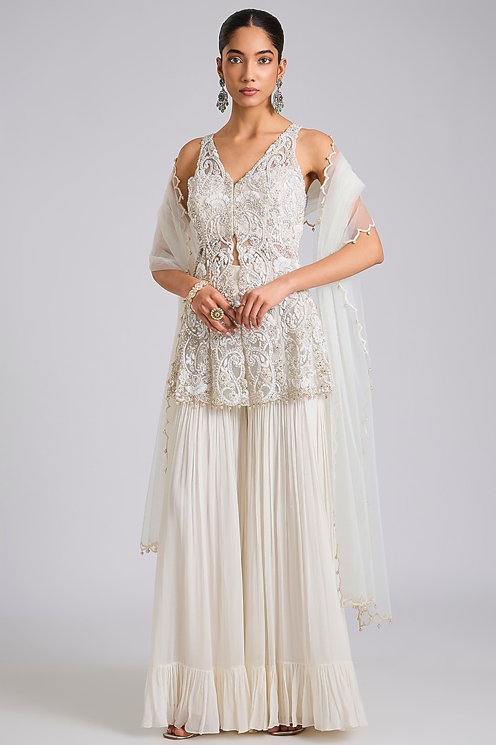 Ivory Organza Wedding Sharara Set by Dinesh Malkani at Pernia's Pop Up Shop