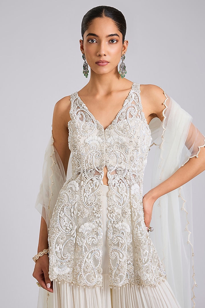 Ivory Organza Wedding Sharara Set by Dinesh Malkani at Pernia's Pop Up Shop