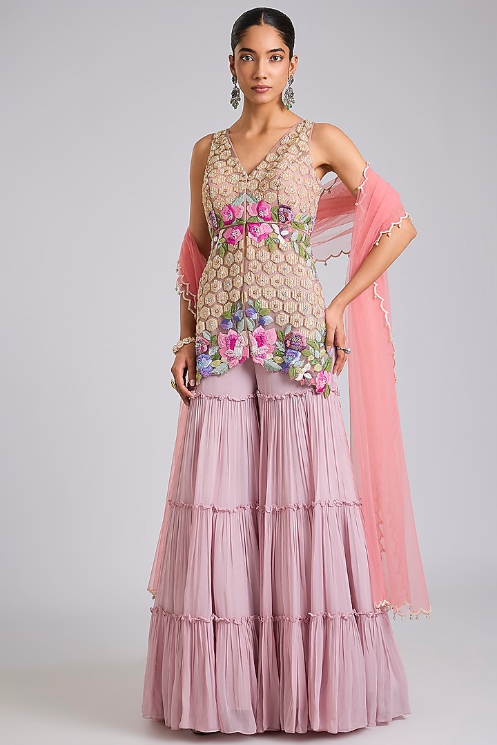 Lilac Georgette Wedding Sharara Set by Dinesh Malkani at Pernia's Pop Up Shop