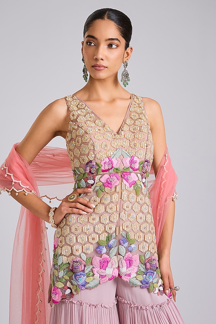 Lilac Georgette Wedding Sharara Set by Dinesh Malkani at Pernia's Pop Up Shop