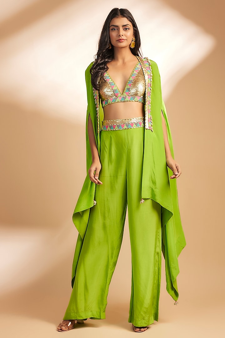 Green Crepe Hand Beaded Embroidered Cape Set by Dinesh Malkani