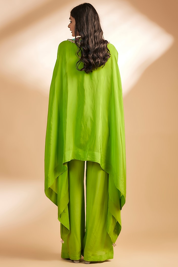Green Crepe Hand Beaded Embroidered Cape Set by Dinesh Malkani at Pernia's Pop Up Shop