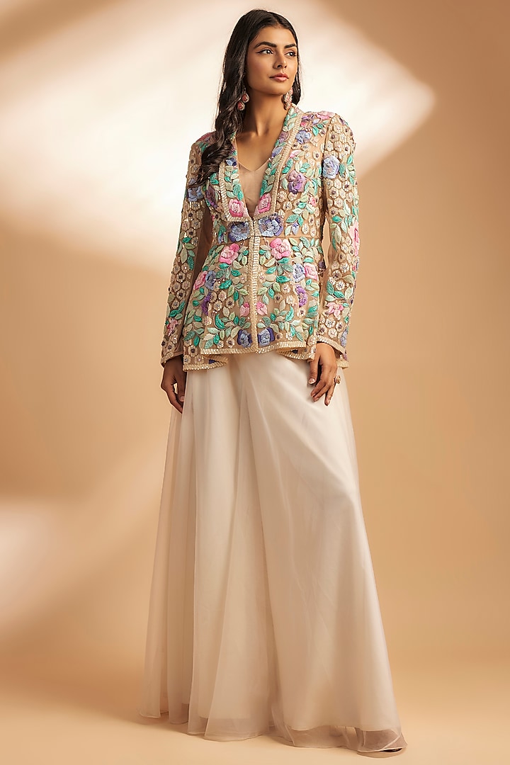 Multi-Colored Net & Organza Thread Embroidered Jacket Set by Dinesh Malkani