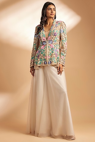 Multi-Colored Net Organza Thread Embroidered Jacket Set by