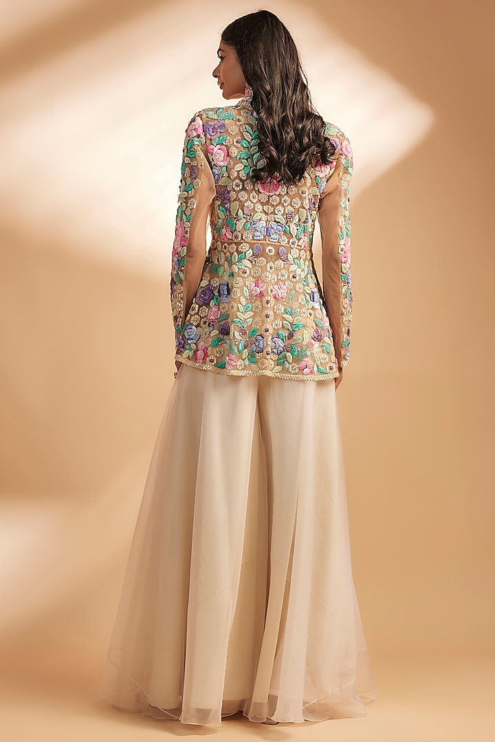 Multi-Colored Net & Organza Thread Embroidered Jacket Set by Dinesh Malkani at Pernia's Pop Up Shop