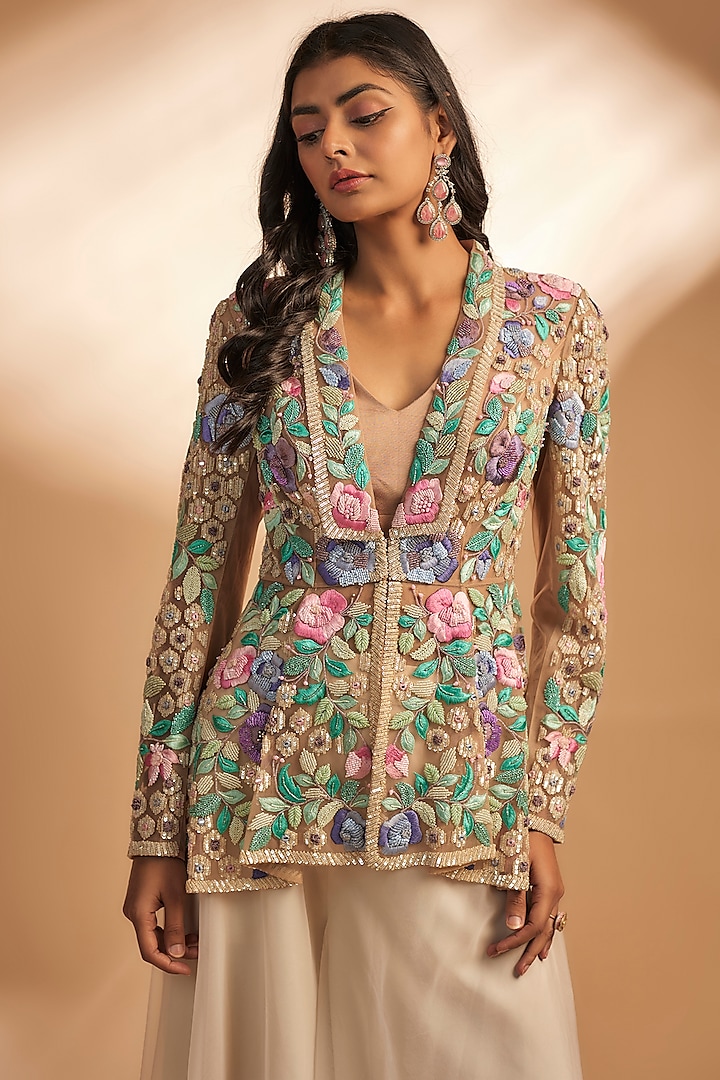 Multi-Colored Net & Organza Thread Embroidered Jacket Set by Dinesh Malkani at Pernia's Pop Up Shop