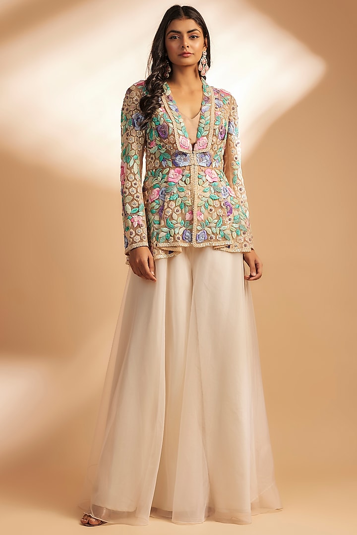 Multi-Colored Net & Organza Thread Embroidered Jacket Set by Dinesh Malkani at Pernia's Pop Up Shop