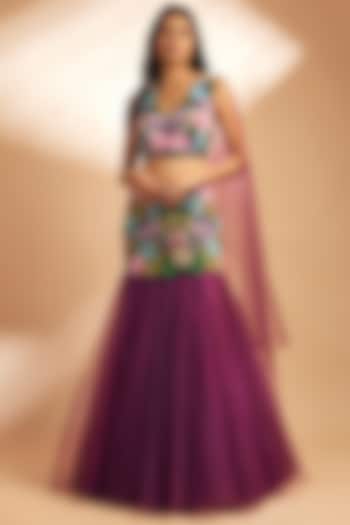 Wine Net Thread Embroidered Skirt Set by Dinesh Malkani