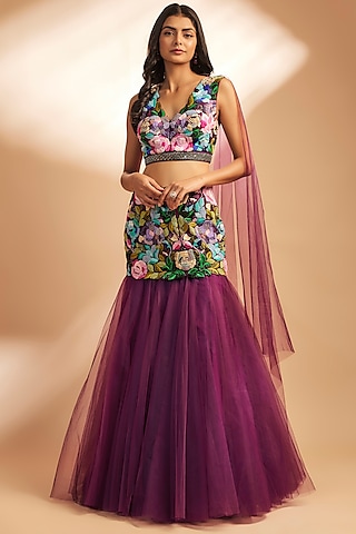 Wine Net Thread Embroidered Skirt Set by Dinesh Malkani
