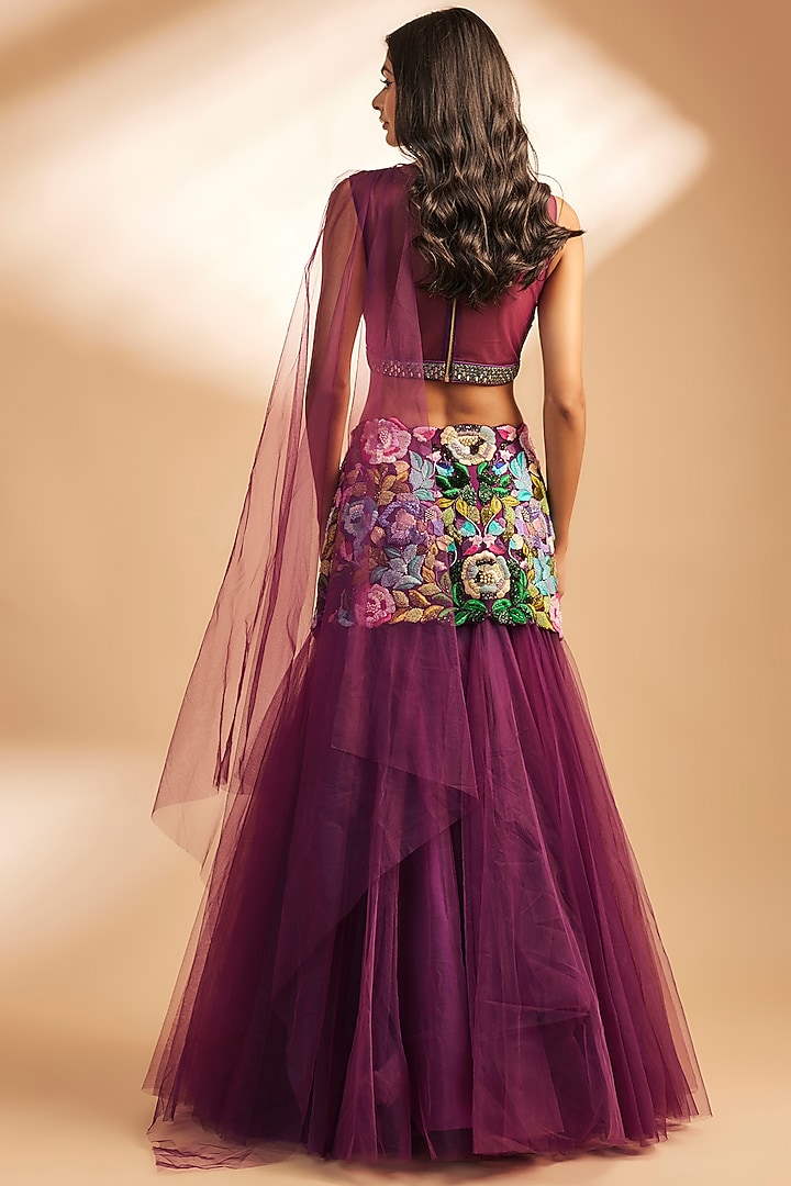 Wine Net Thread Embroidered Skirt Set by Dinesh Malkani at Pernia's Pop Up Shop