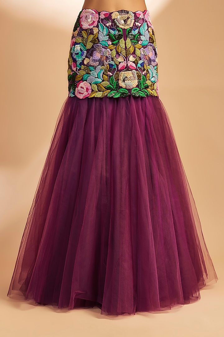 Wine Net Thread Embroidered Skirt Set by Dinesh Malkani at Pernia's Pop Up Shop