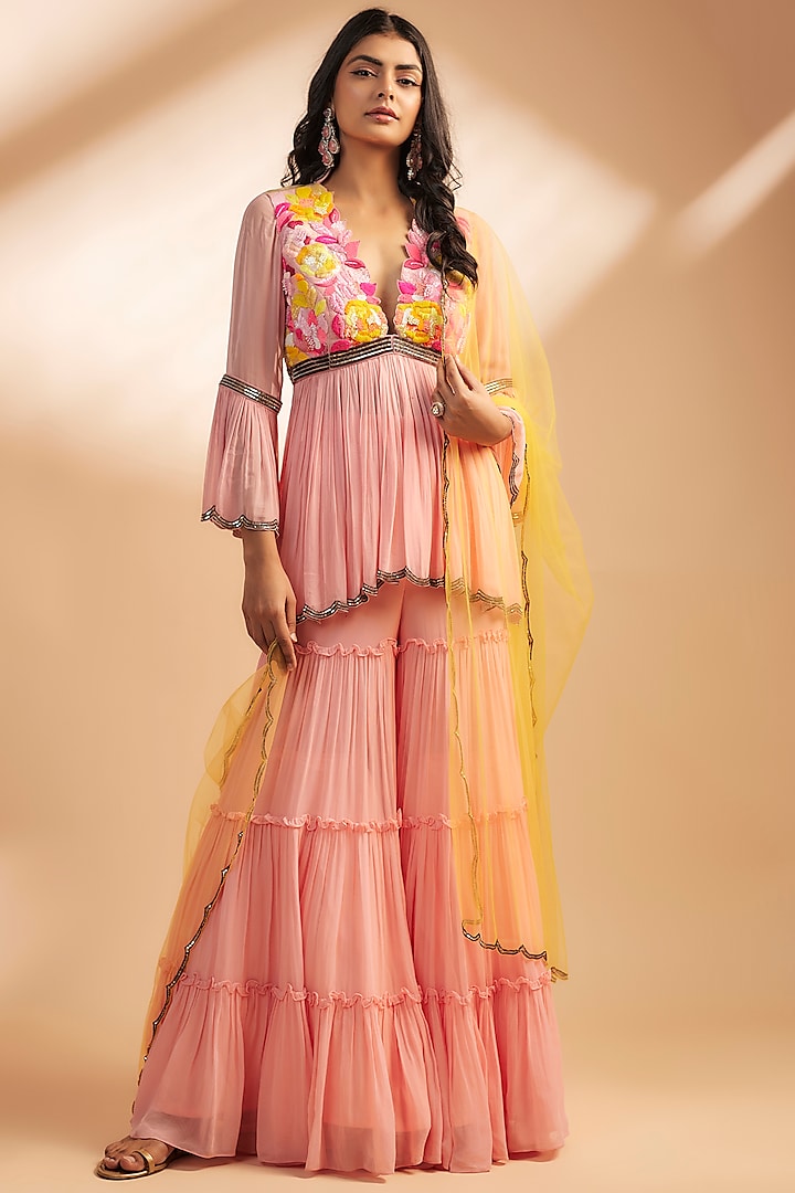 Pink & Yellow Georgette Sharara Set by Dinesh Malkani