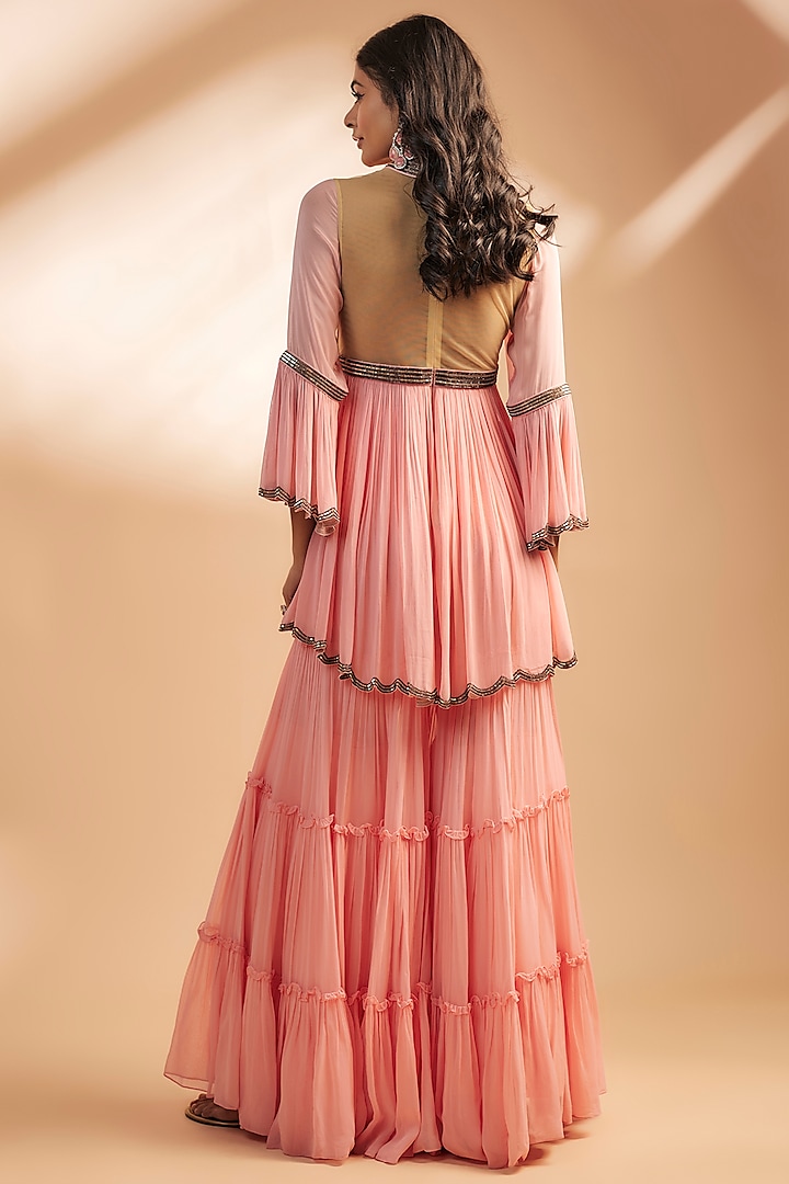 Pink & Yellow Georgette Wedding Sharara Set by Dinesh Malkani at Pernia's Pop Up Shop