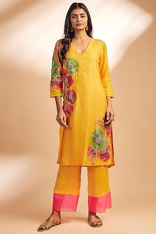 Yellow Dupion Silk & Organza Hand Embroidered Kurta Set by Dinesh Malkani