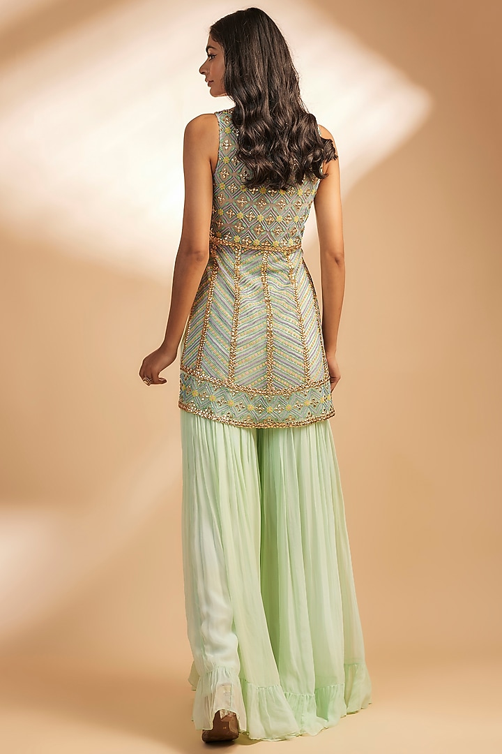 Green Net & Georgette Wedding Sharara Set by Dinesh Malkani at Pernia's Pop Up Shop
