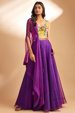 Wine Organza Flared Skirt Set by Dinesh Malkani
