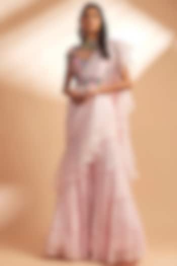 Baby Pink Georgette & Net Draped Pant Saree Set by Dinesh Malkani