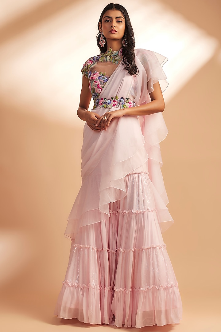 Baby Pink Georgette & Net Draped Pant Saree Set by Dinesh Malkani