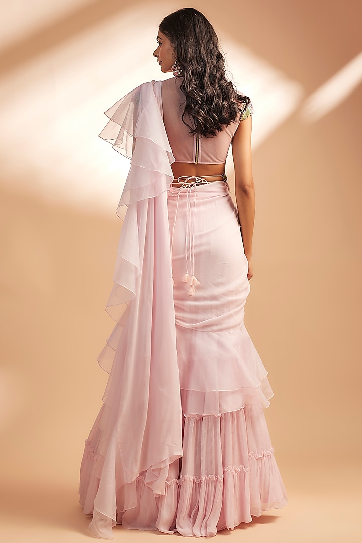 Baby Pink Georgette & Net Draped Pant Wedding Saree Set by Dinesh Malkani at Pernia's Pop Up Shop