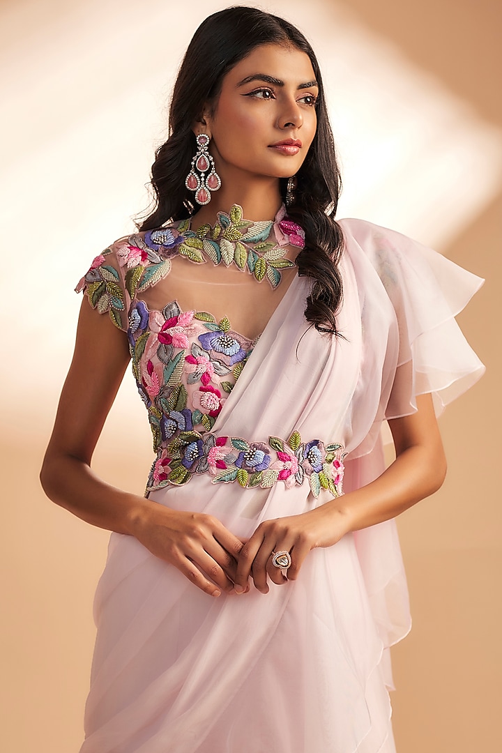 Baby Pink Georgette & Net Draped Pant Wedding Saree Set by Dinesh Malkani at Pernia's Pop Up Shop