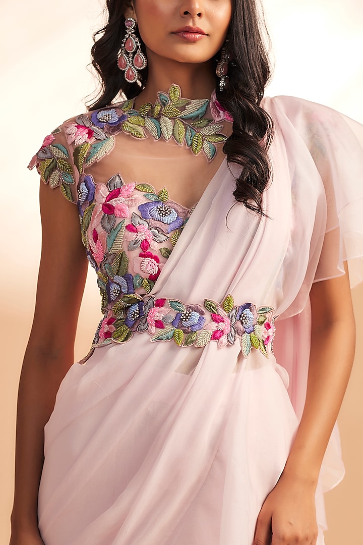 Baby Pink Georgette & Net Draped Pant Wedding Saree Set by Dinesh Malkani at Pernia's Pop Up Shop