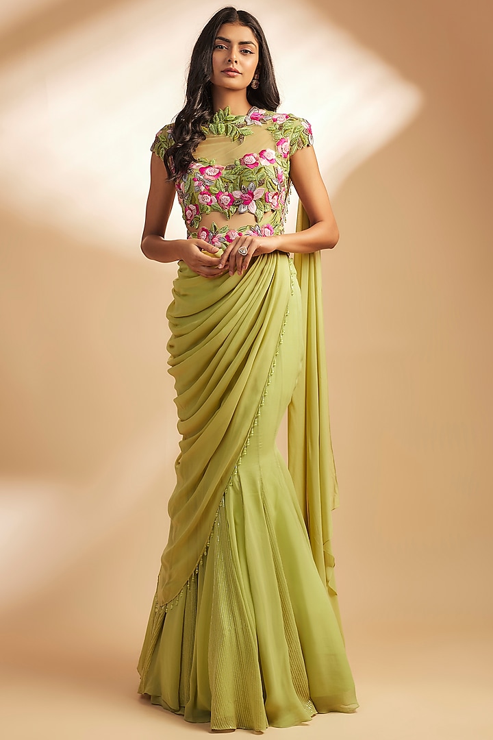 Green Georgette & Net Fish Cut Godet Skirt Saree Set by Dinesh Malkani