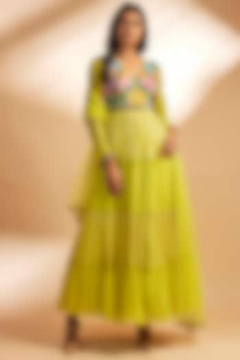 Green Georgette Sequins & Thread Embroidered Layered Anarkali Set by Dinesh Malkani