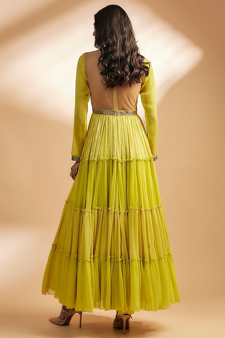 Green Georgette Sequins & Thread Embroidered Layered Wedding Anarkali Set by Dinesh Malkani at Pernia's Pop Up Shop