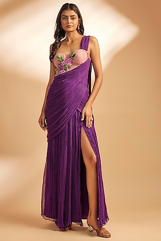 Wine Georgette Thread Embroidered Gown by Dinesh Malkani