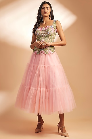 Pink Net Thread Embroidered Skirt Set by Dinesh Malkani