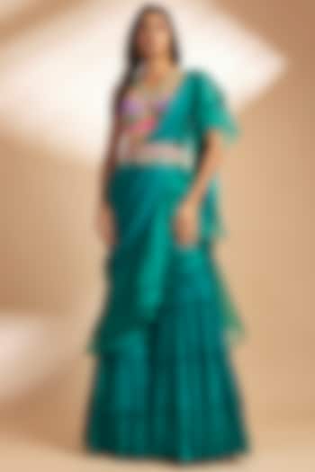 Green Georgette Draped Pant Saree Set by Dinesh Malkani