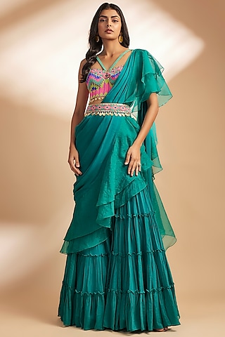 Green Georgette Draped Pant Saree Set by Dinesh Malkani