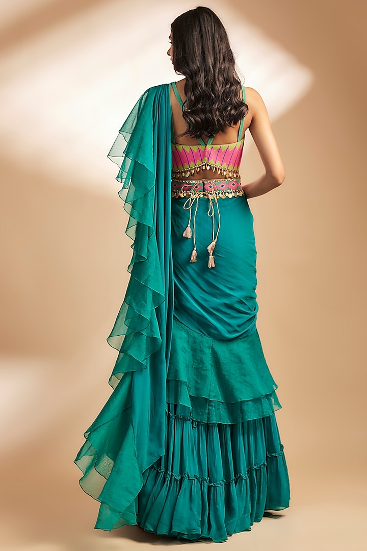 Green Georgette Draped Pant Wedding Saree Set by Dinesh Malkani at Pernia's Pop Up Shop