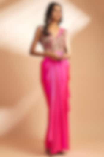 Hot Pink Modal Satin Thread Embroidered Draped Gown Saree by Dinesh Malkani