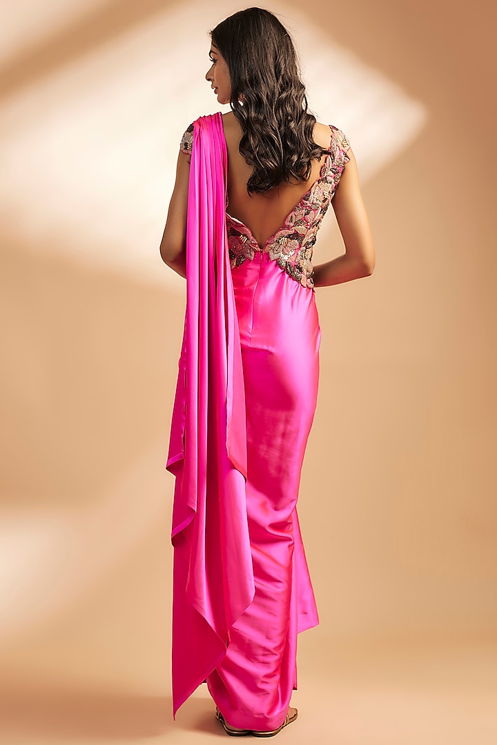 Hot Pink Crepe Thread Embroidered Draped Wedding Gown Saree by Dinesh Malkani at Pernia's Pop Up Shop