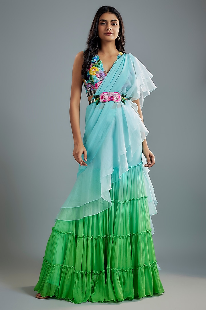 Aqua Green Pant Saree Set by Dinesh Malkani at Pernia's Pop Up Shop